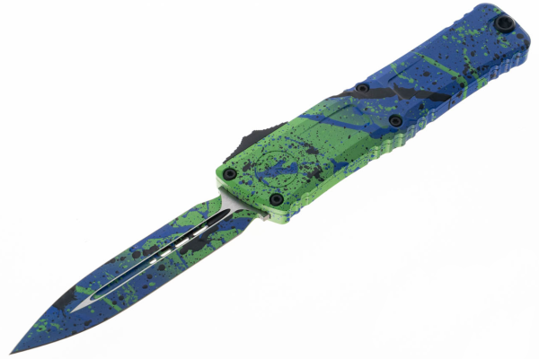 Microtech 1142-1GMPWBKSPLS Combat Troodon Green Mamba/ PW Blue Light Blue Splatter